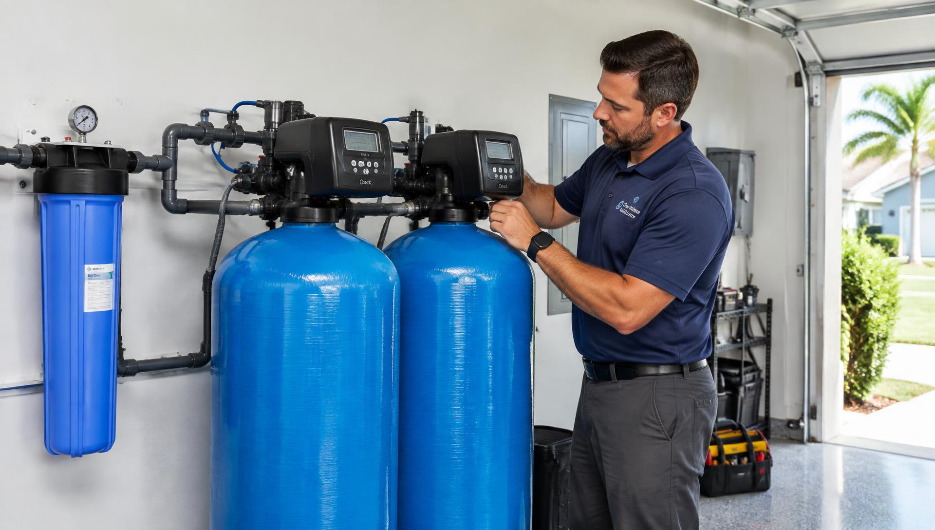 BFW LLC whole-home water treatment system with Made-in-the-USA Clack valve installed in a Florida home